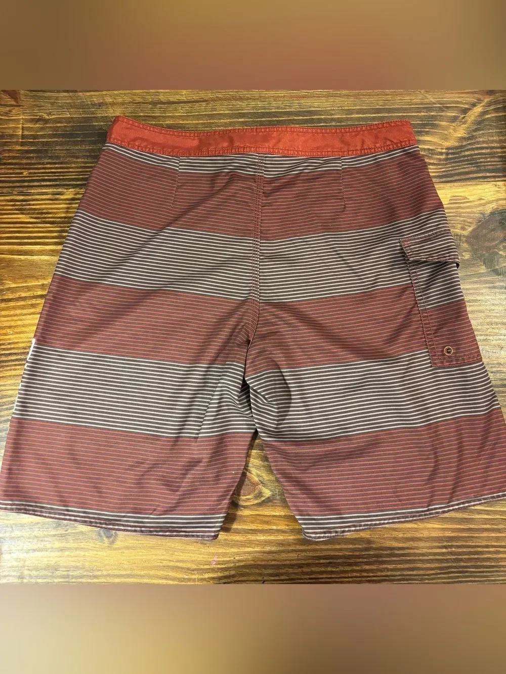 RVCA Board Shorts Mens 36 Red beige Brown Striped Surf Swim Trunks Stretch 20”